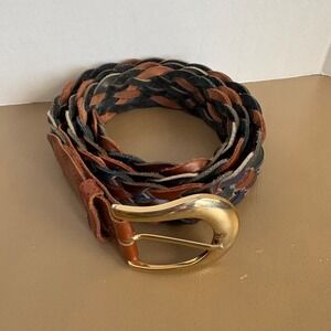 1" braided  black & brown leather belt gold tone buckle waist XL (44)